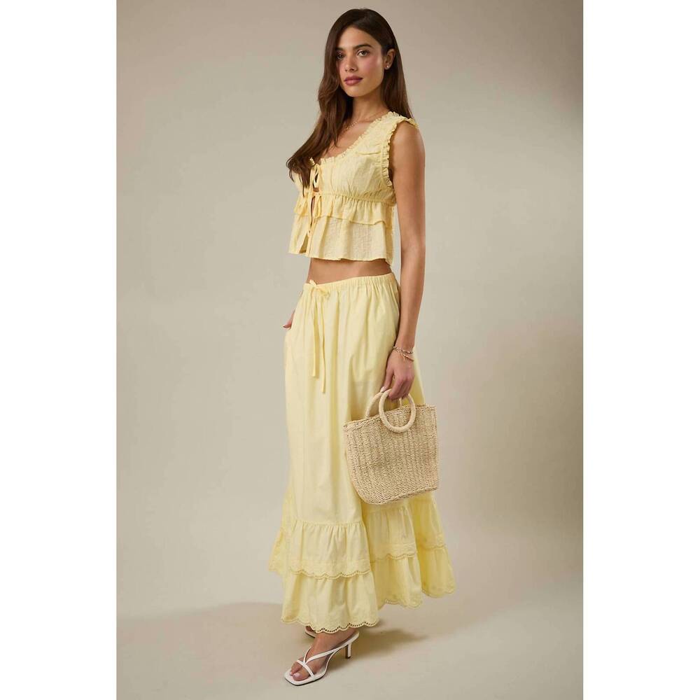 NEW SUNDAY EDITION elastic waist embroidered scallop hem tiered maxi skirt in bu
